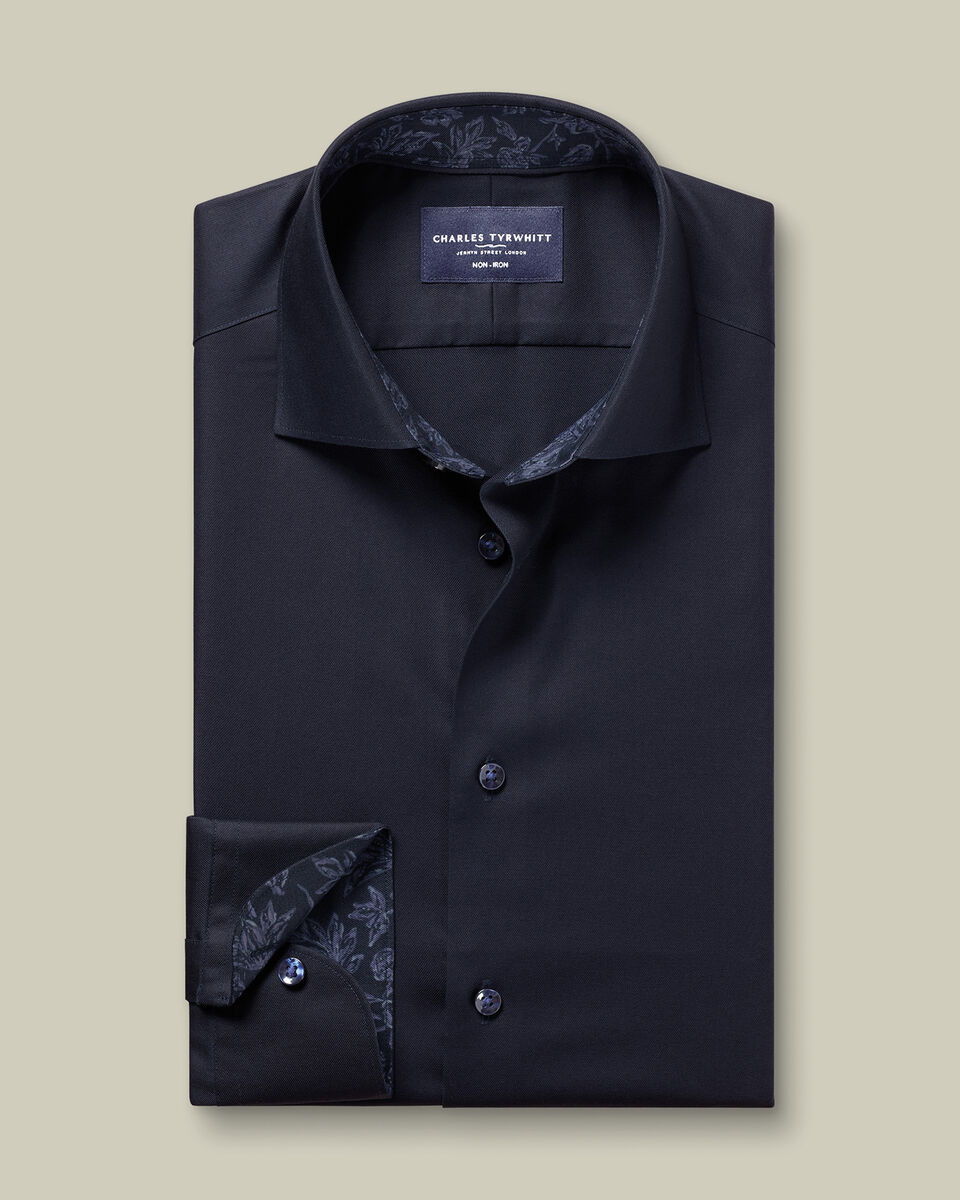 Non-Iron Stretch Floral Printed Trim Shirt - Navy Blue