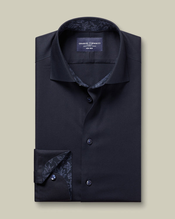 Non-Iron Stretch Floral Printed Trim Shirt - Navy Blue