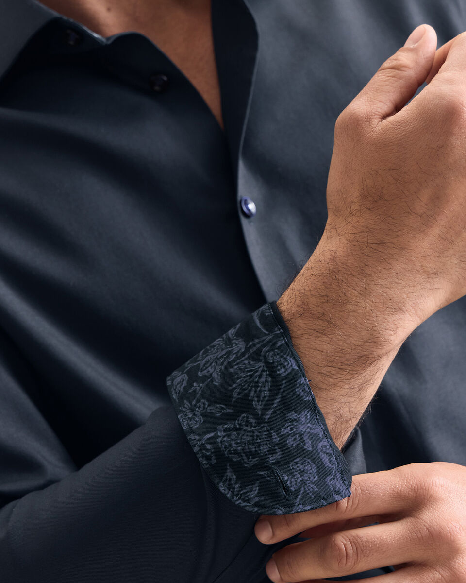 Non-Iron Stretch Floral Printed Trim Shirt - Navy Blue