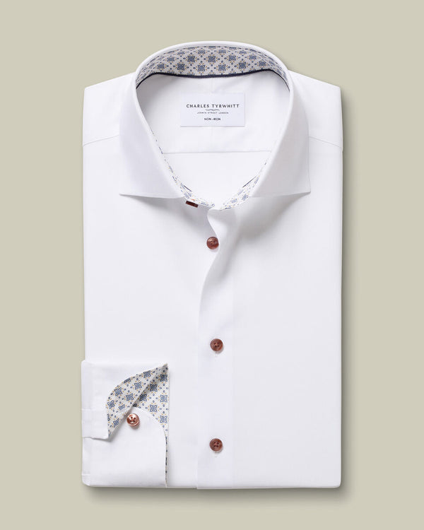 Non-Iron Stretch Printed Trim Shirt - White