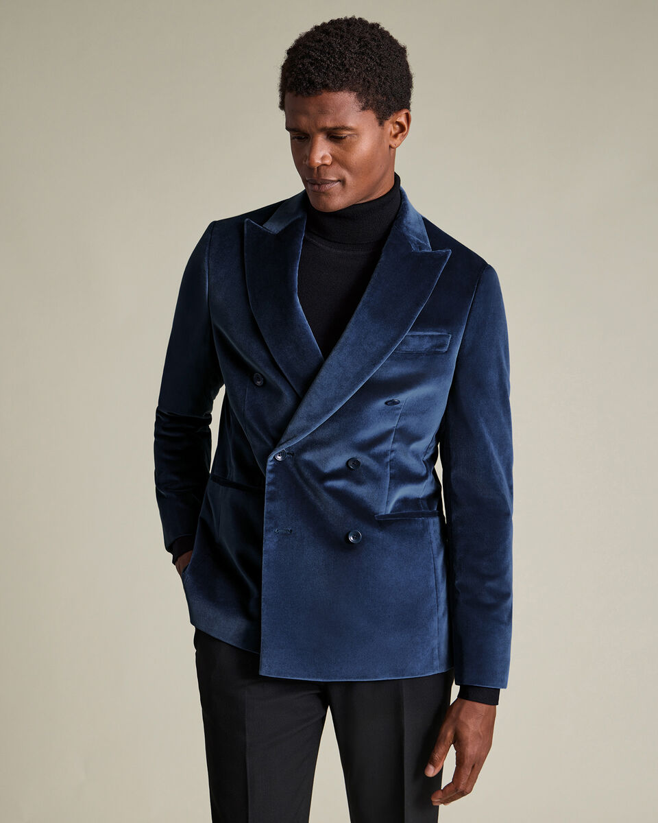 Double Breasted Italian Velvet Jacket - Indigo Blue Main image