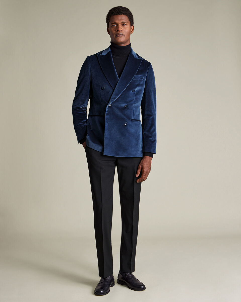Double Breasted Italian Velvet Jacket - Indigo Blue