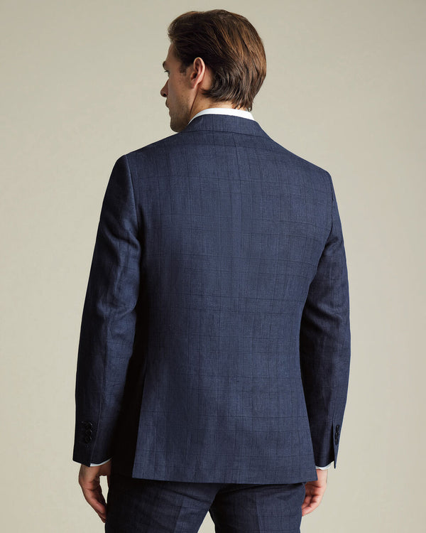 Pure Linen Check Jacket - Indigo Blue