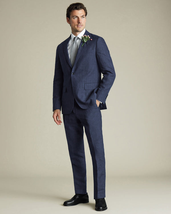 Pure Linen Check Jacket - Indigo Blue