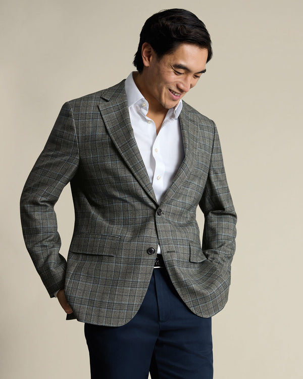 Lightweight Wool Texture Prince of Wales Check Jacket – Olive Green