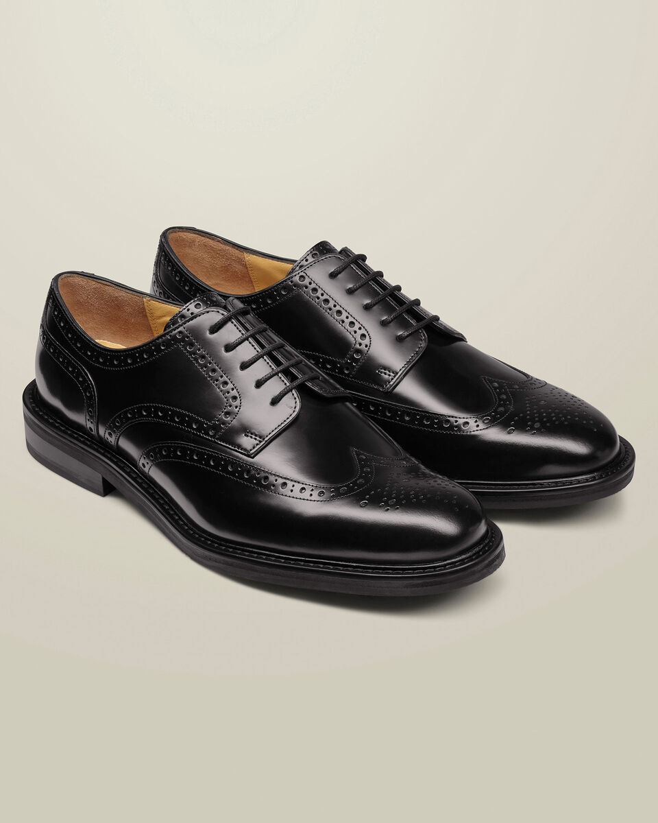 Leather High Shine Rubber Sole Derby Brogue Shoes - Black