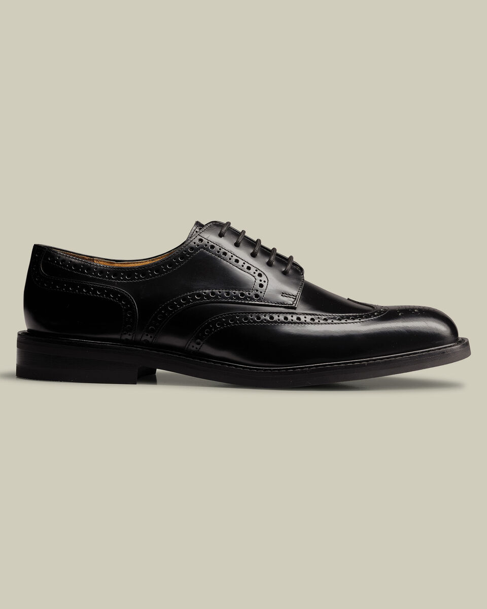 Leather High Shine Rubber Sole Derby Brogue Shoes - Black Main image