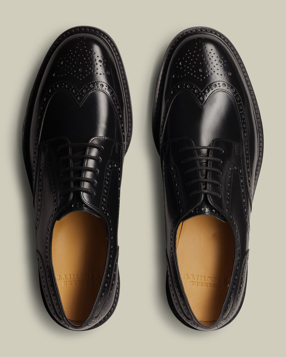 Leather High Shine Rubber Sole Derby Brogue Shoes - Black