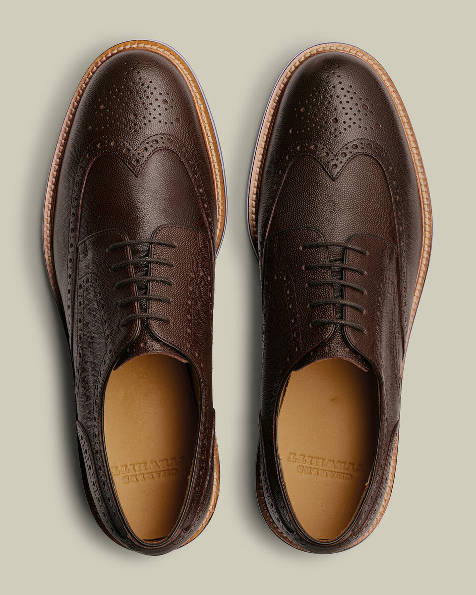 Grain Leather Rubber Sole Derby Brogue Shoes - Chestnut Brown