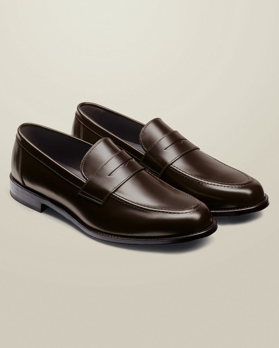 High Shine Leather Penny Loafers - Dark Chocolate