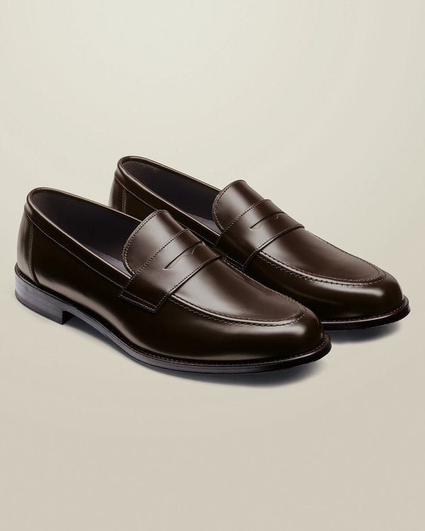 High Shine Leather Penny Loafers - Dark Chocolate