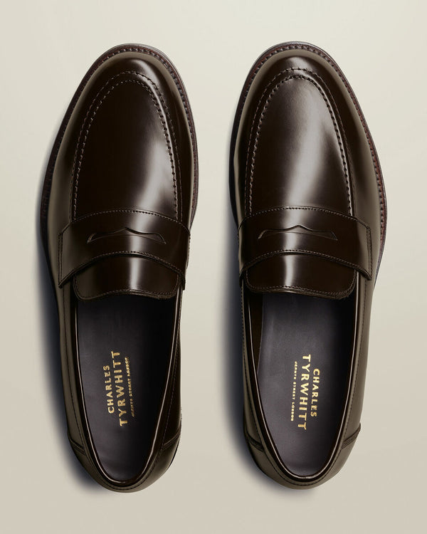 High Shine Leather Penny Loafers - Dark Chocolate