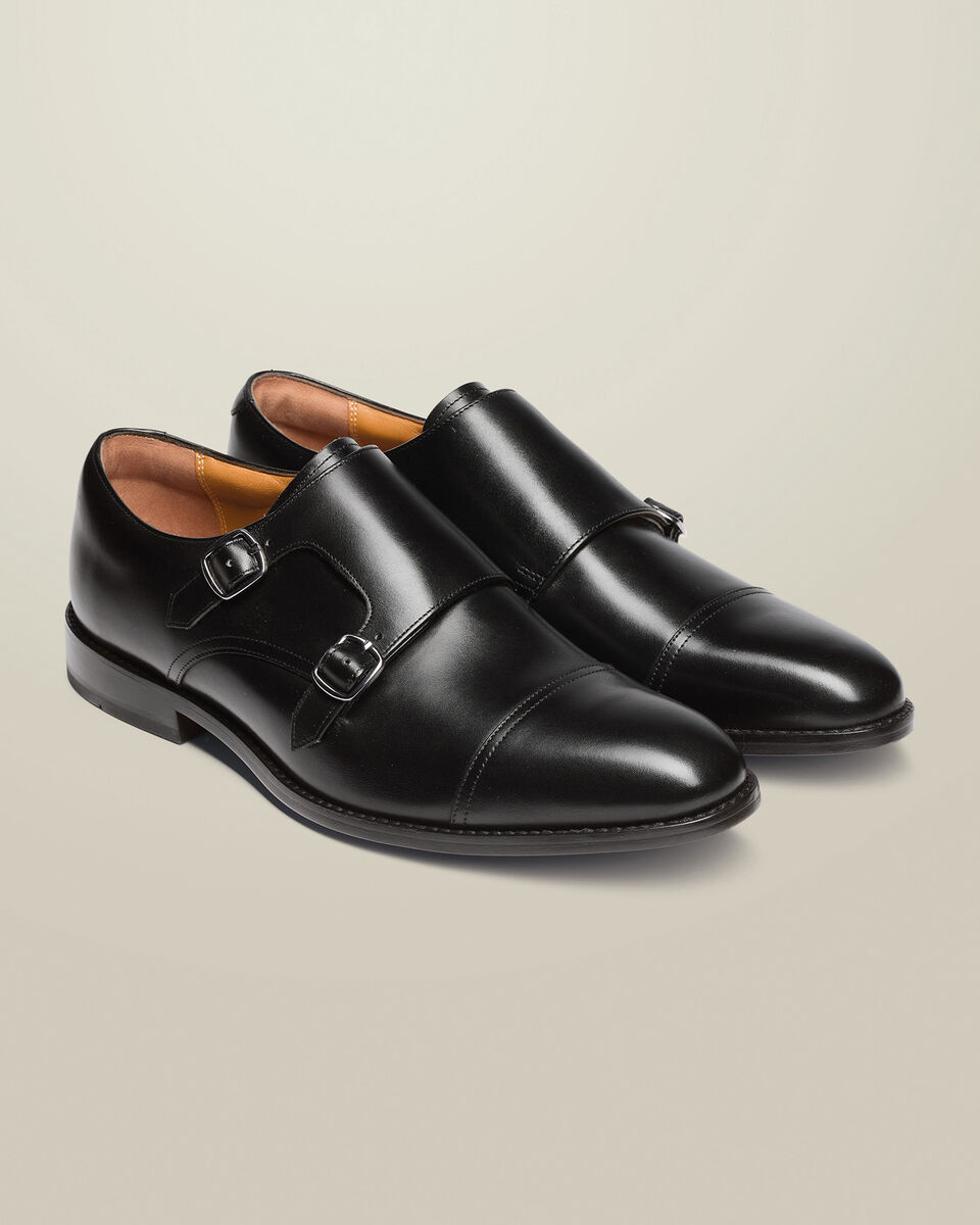 Leather Double Buckle Monk Shoes - Black
