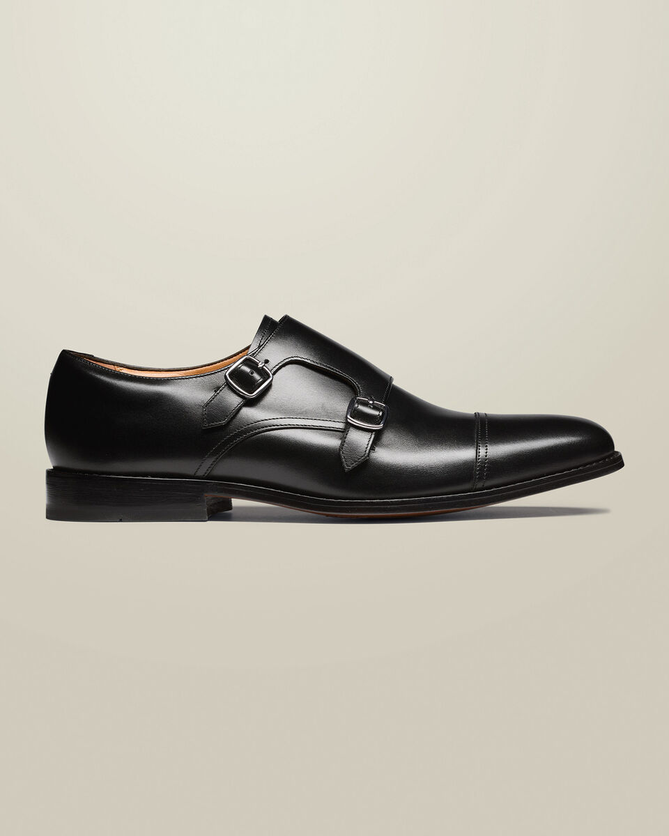 Leather Double Buckle Monk Shoes - Black