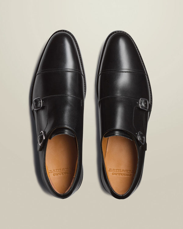Leather Double Buckle Monk Shoes - Black