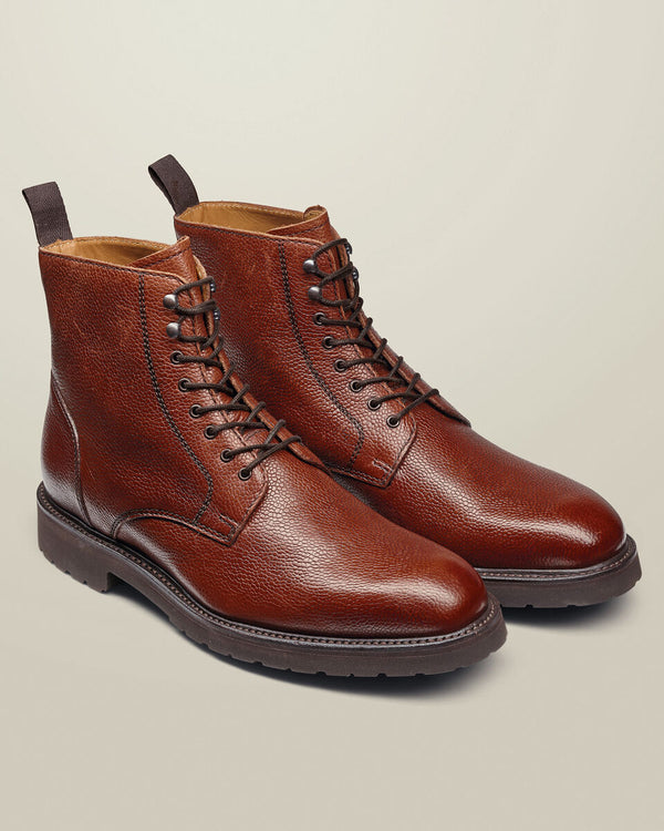 Grain Leather Lace Up Boots - Walnut Brown