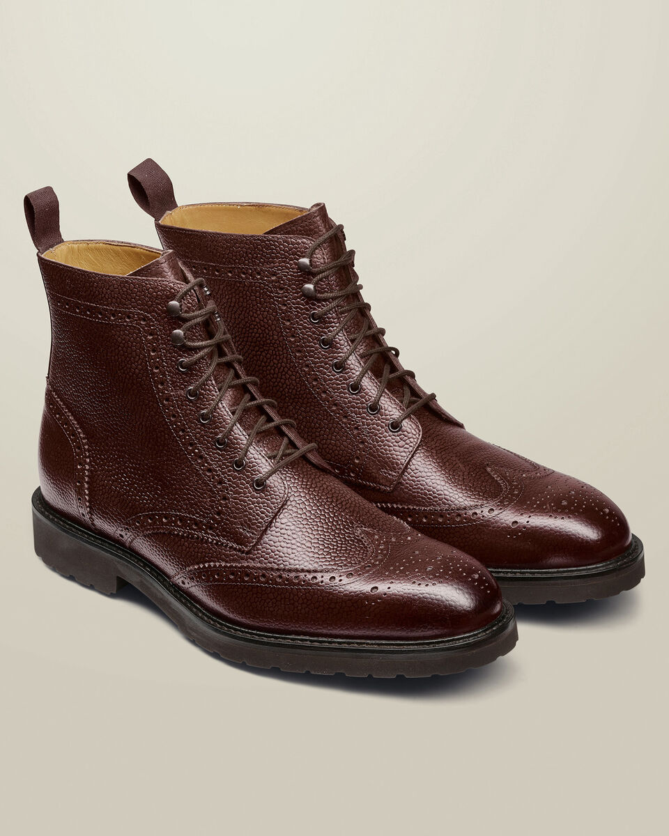 Rubber Sole Leather Brogue Boots - Mahogany Brown
