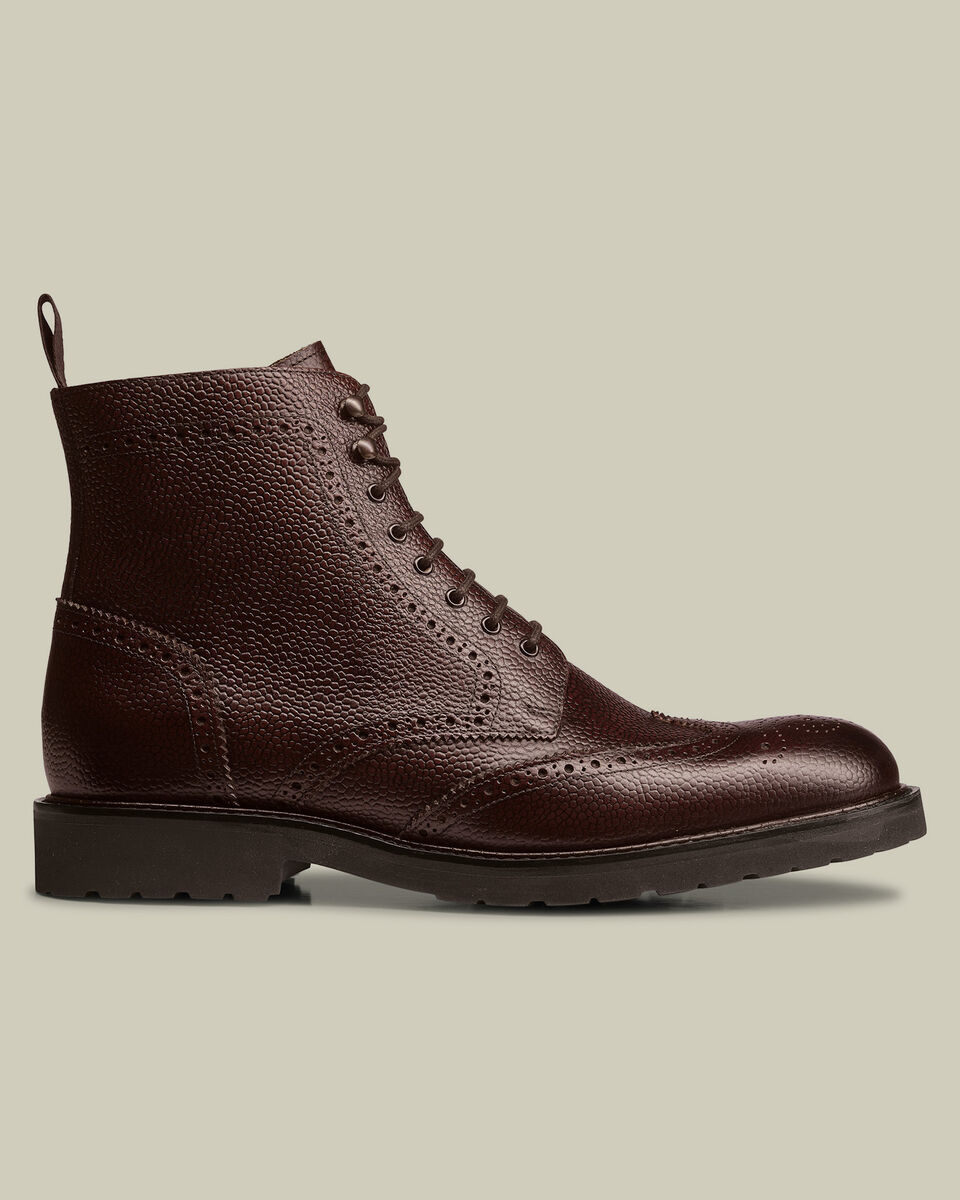 Rubber Sole Leather Brogue Boots - Mahogany Brown Main image