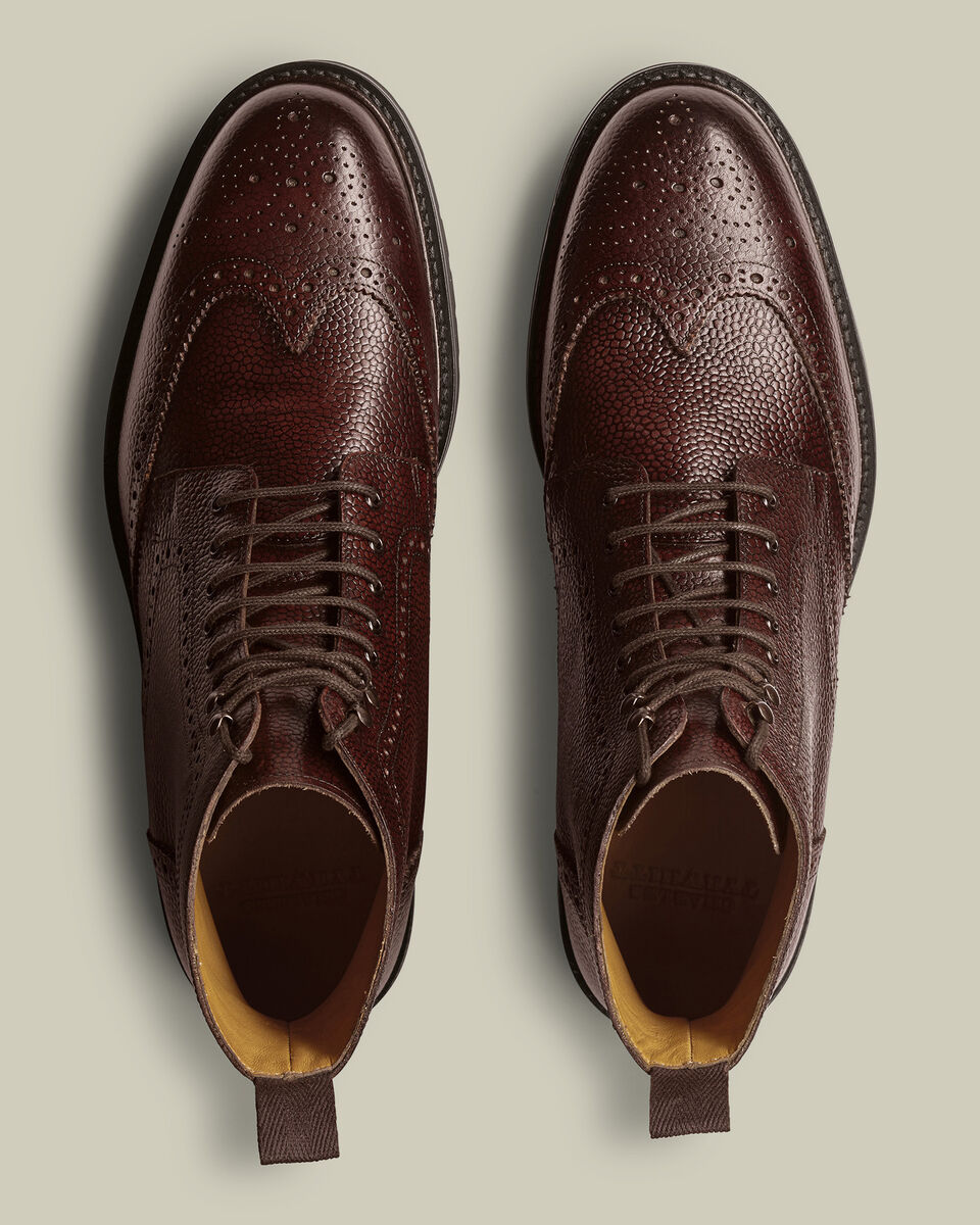 Rubber Sole Leather Brogue Boots - Mahogany Brown