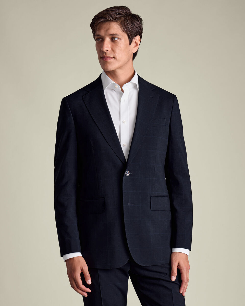 Windowpane Check Suit Jacket - Navy