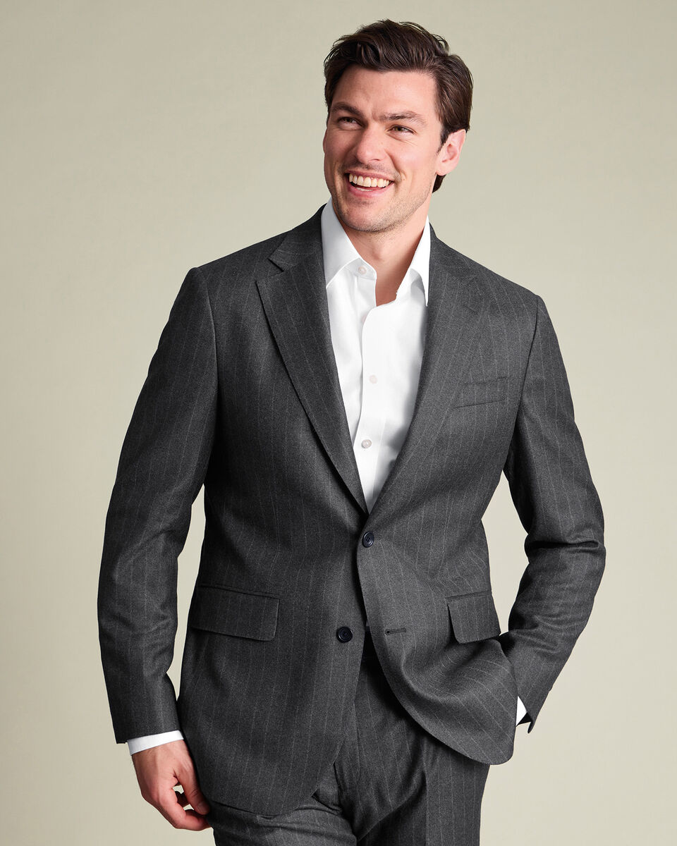 Italian Flannel Stripe Suit Jacket - Charcoal Grey