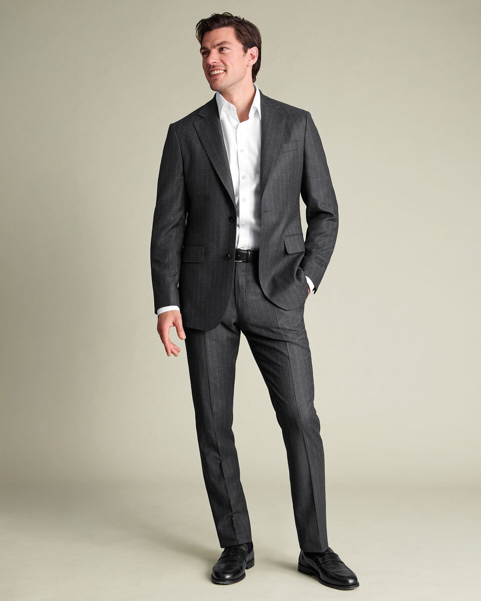 Italian Flannel Stripe Suit Jacket - Charcoal Grey