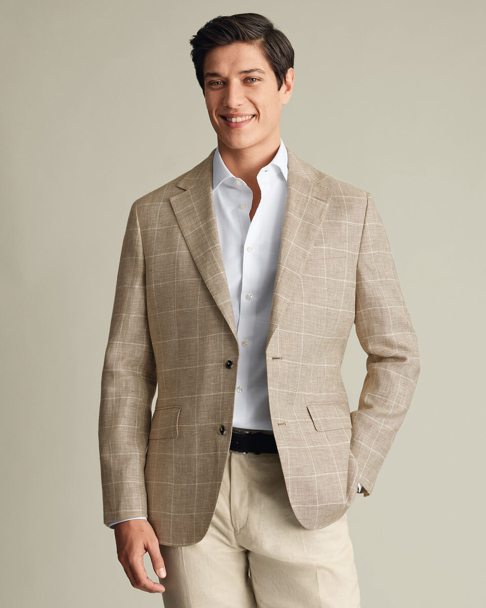 Pure Linen Check Jacket - Camel Main image