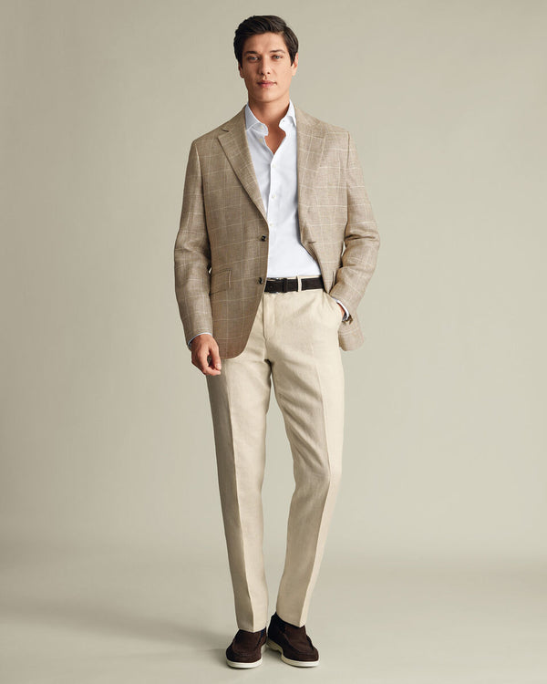 Pure Linen Check Jacket - Camel