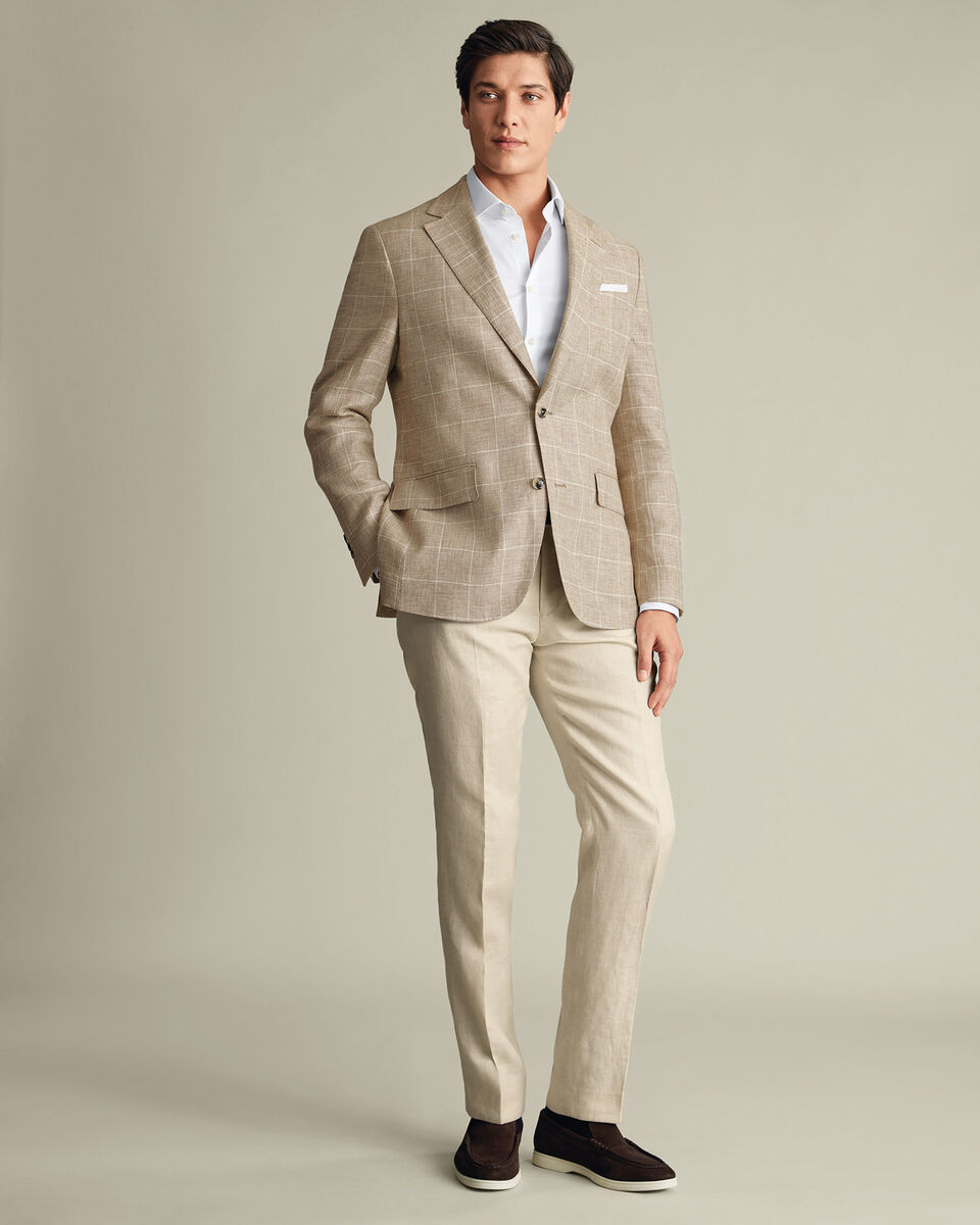 Pure Linen Check Jacket - Camel