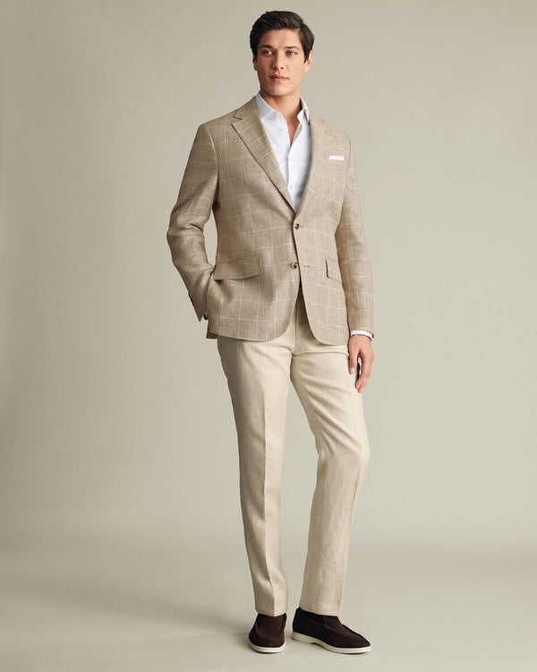 Pure Linen Check Jacket - Camel