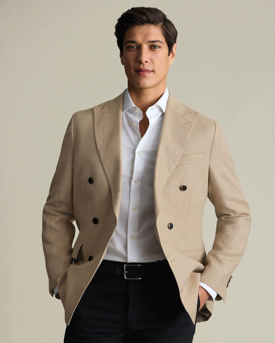 Double Breasted Pure Linen Jacket – Taupe