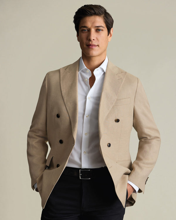 Double Breasted Pure Linen Jacket – Taupe