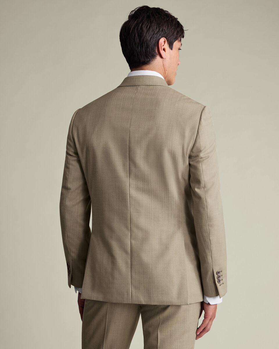 Double Breasted Ultimate Performance Herringbone Suit Jacket - Stone