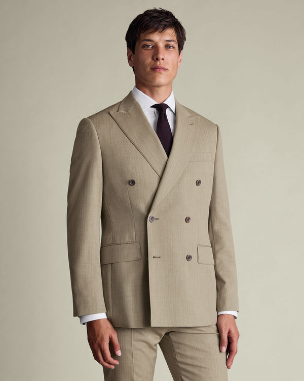 Double Breasted Ultimate Performance Herringbone Suit Jacket - Stone