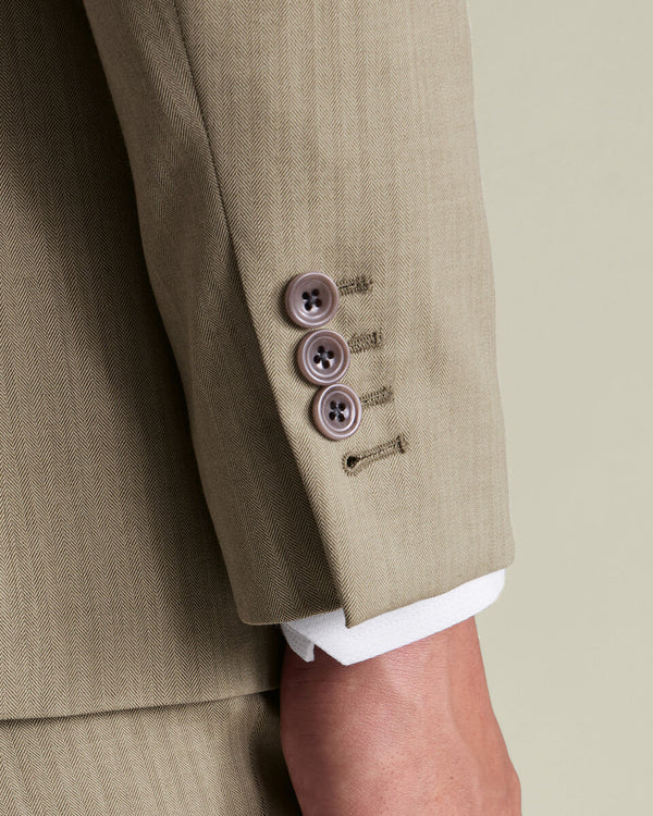 Double Breasted Ultimate Performance Herringbone Suit Jacket - Stone