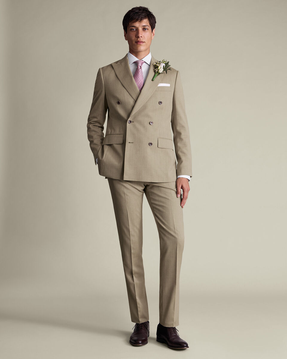 Double Breasted Ultimate Performance Herringbone Suit Jacket - Stone