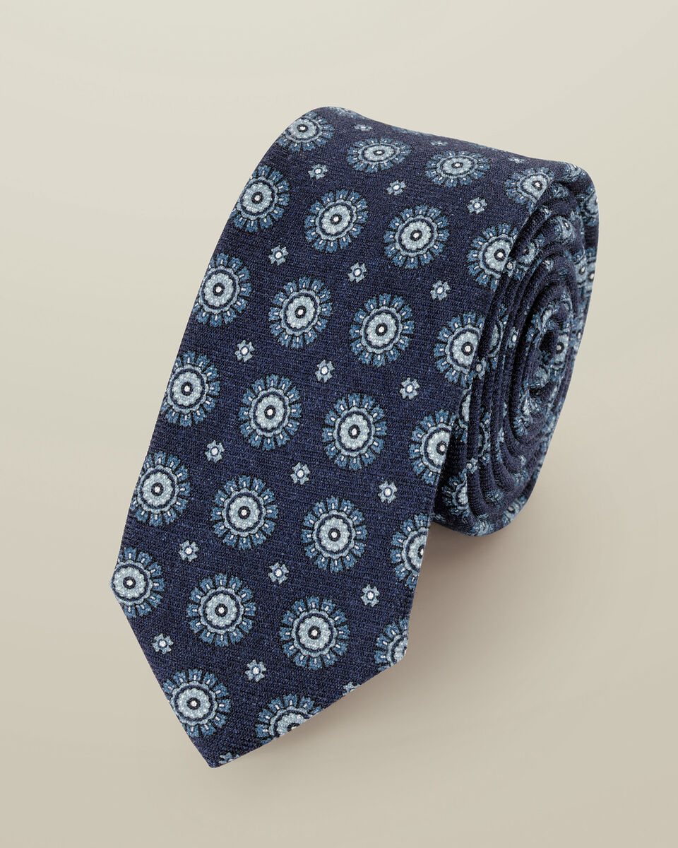 Wool Medallion Print Slim Tie - French Blue Main image