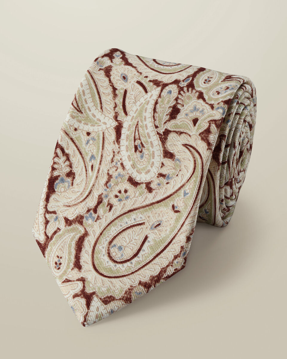 Linen Silk Paisley Tie - Stone & Brown Main image