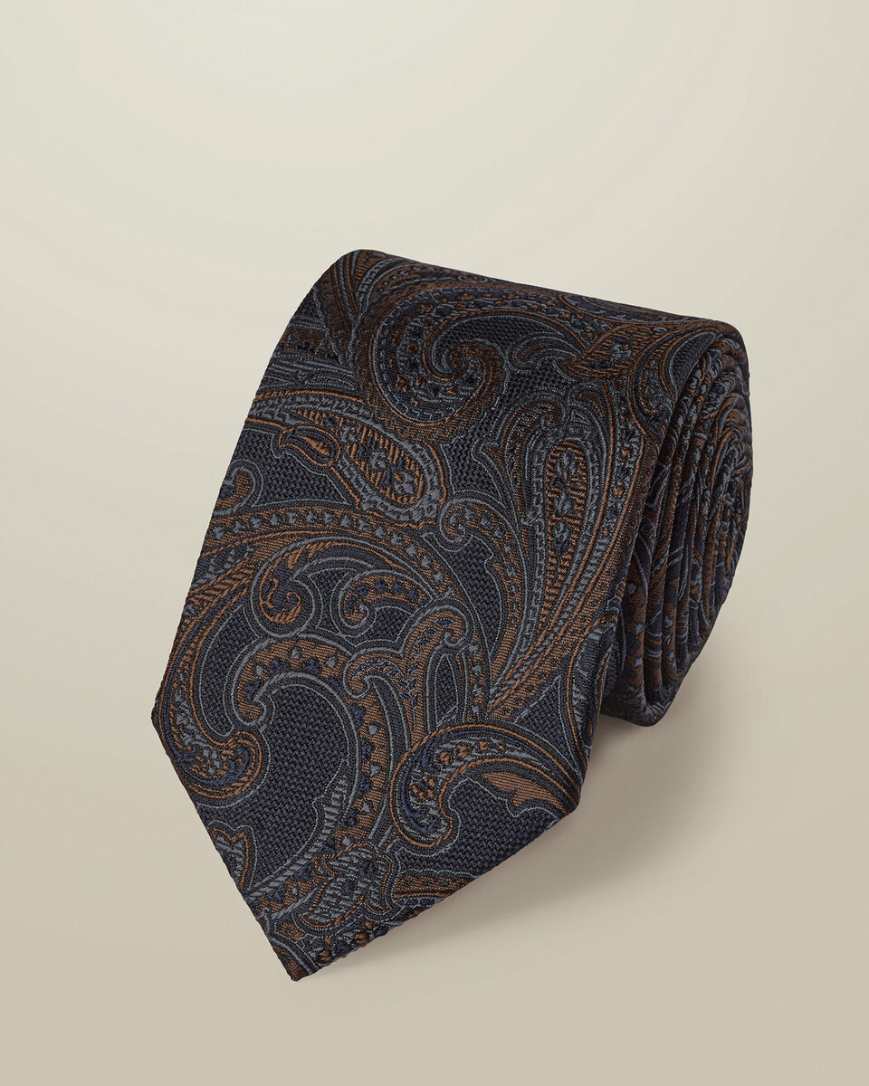 Silk Paisley Tie - Navy & Camel Main image