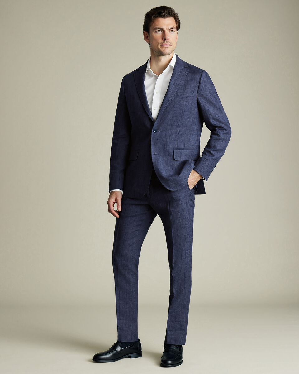 Pure Linen Check Pants - Indigo Blue