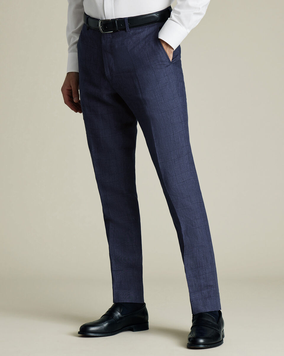 Pure Linen Check Pants - Indigo Blue Main image