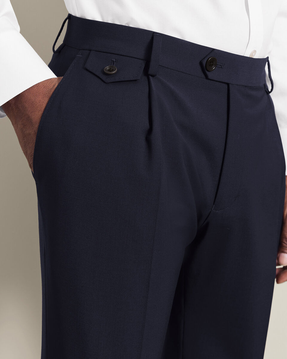 Pleat Front Wool Stretch Pants - Navy