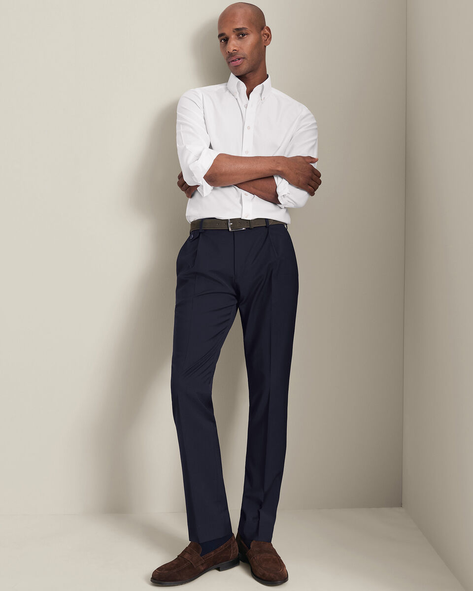 Pleat Front Wool Stretch Pants - Navy
