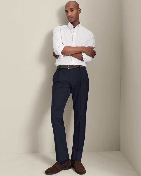 Pleat Front Wool Stretch Pants - Navy