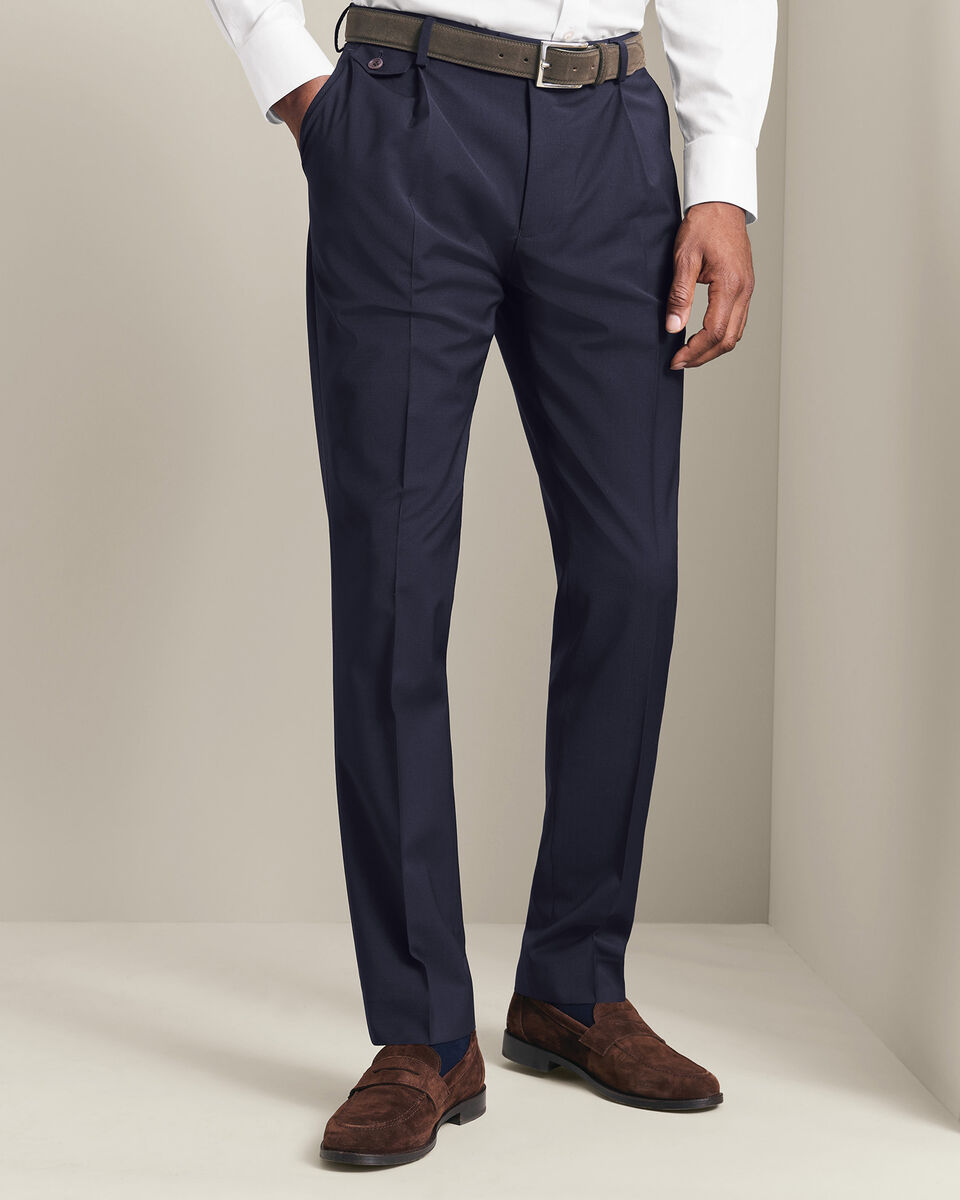 Pleat Front Wool Stretch Pants - Navy